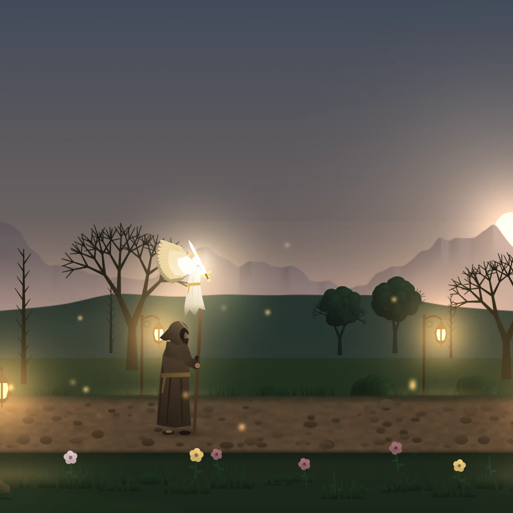 The daily tasbih: a cloaked traveller and a guardian angel on a lantern-lit road at dusk