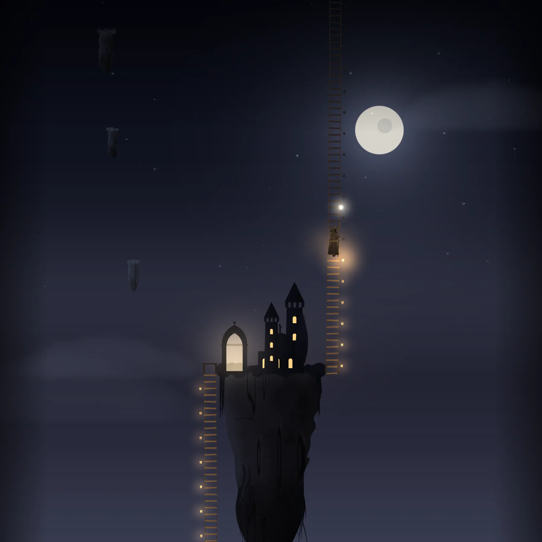 The journey map: a lit ladder climbs past a floating citadel toward the moon