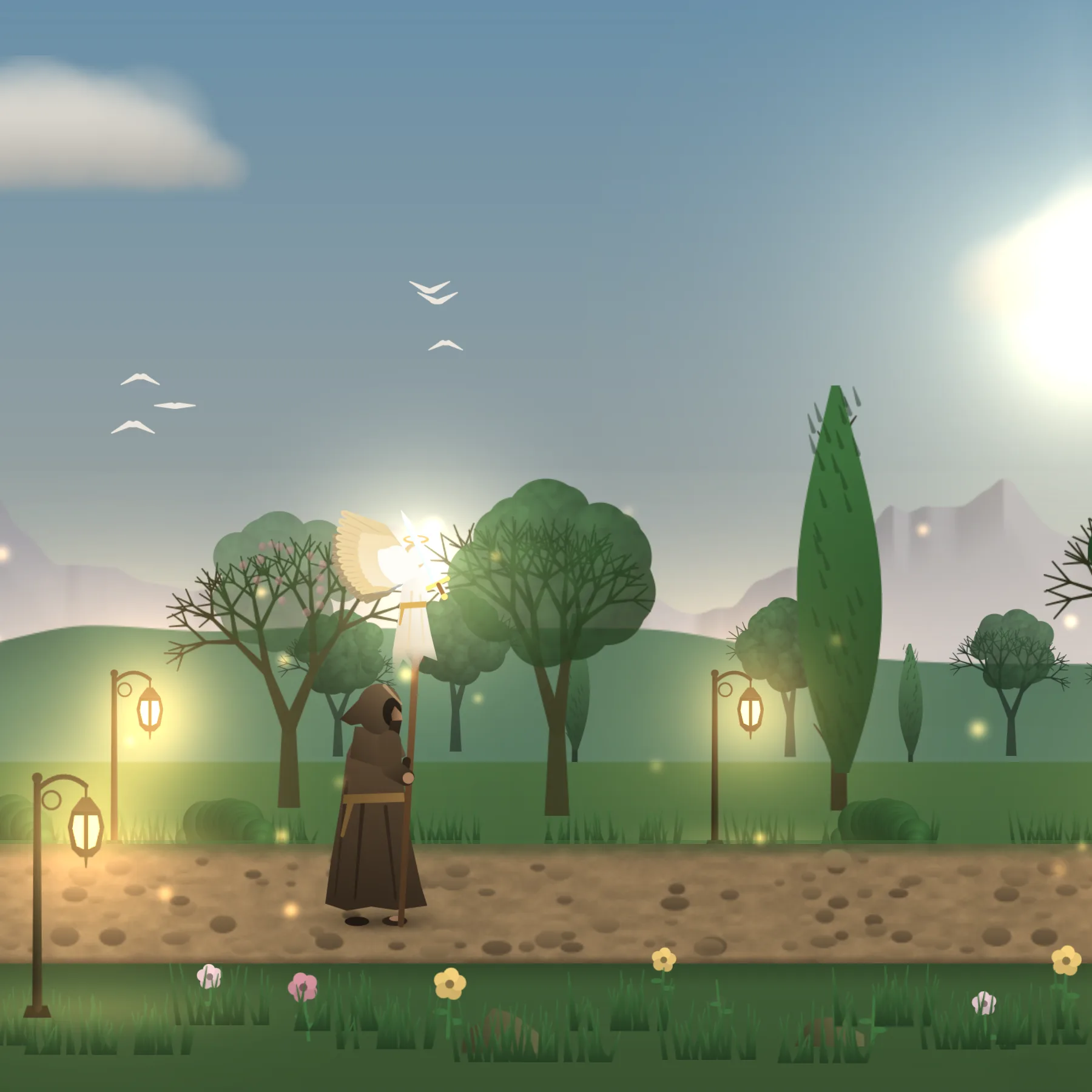 The mood tasbih: the traveller and the angel on a green road as the sky clears